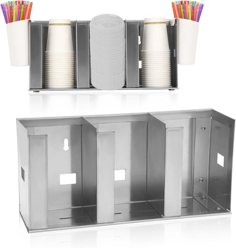benut Adjustable Stainless Steel Cup & Lid Holder - 3 Compartments, 32 oz Cup Dispenser for Restaurant, Straw Organizer Commercial Cup Holder, 304 Stainless Steel Lid Dispenser - Image 1